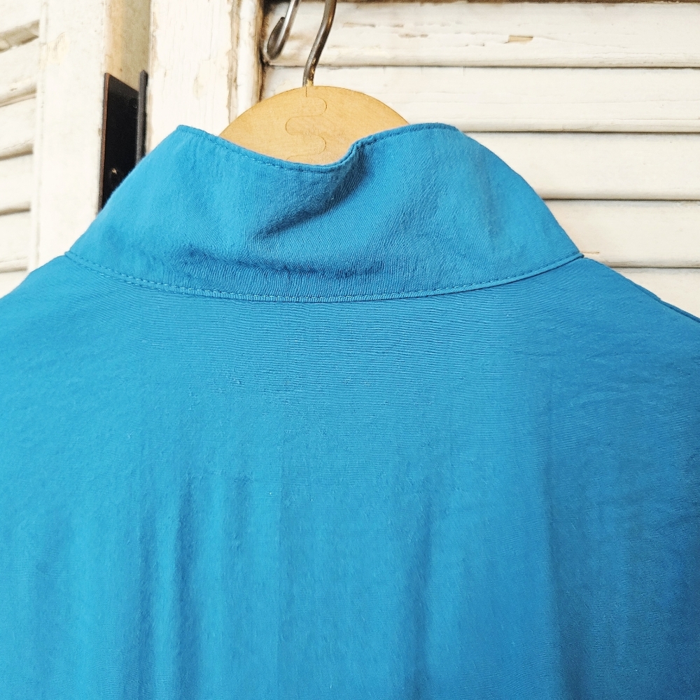 Vintage 80s Teal Blue High Neck Blouse With Gathered Shoulders Small/Medium - Picture 11 of 11